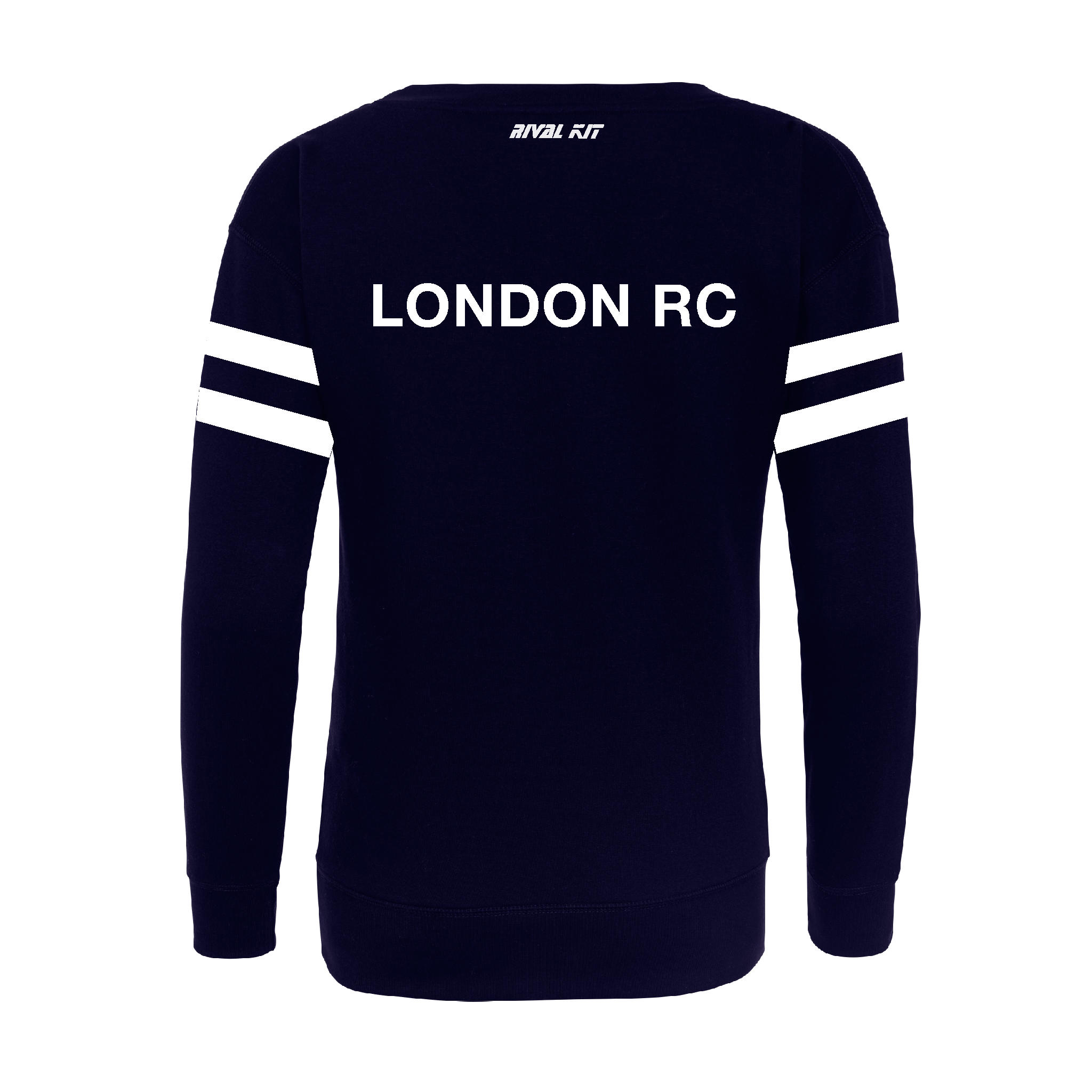 London RC navy sweatshirt, back view with LONDON RC lettering and white sleeve stripes
